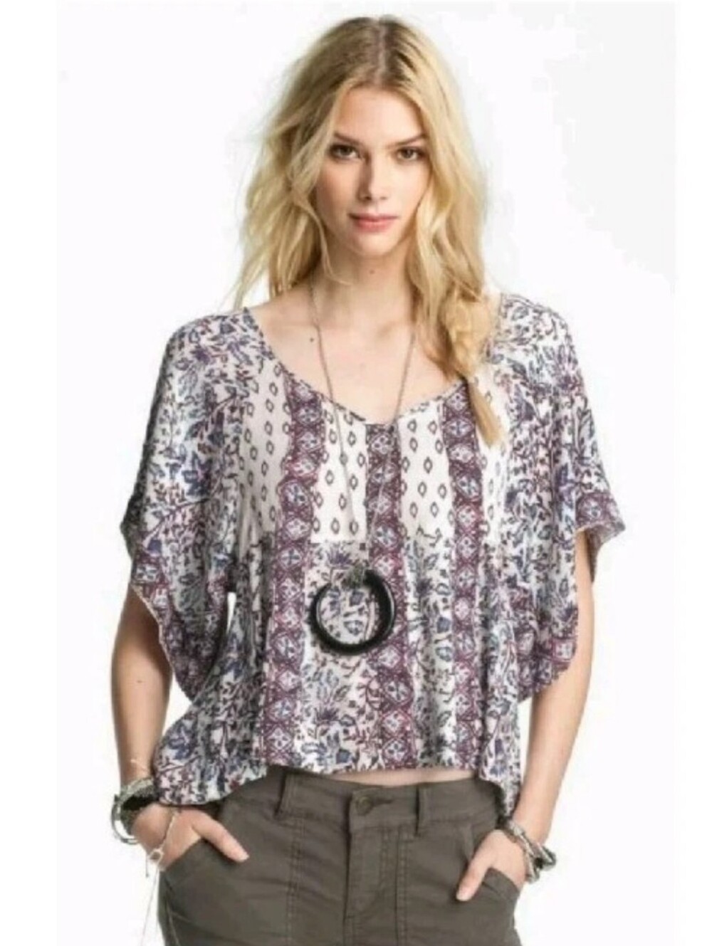 NWOT Free People Flowy Floral Boho Mix It Up Blouse Flutter Sleeve Top XS